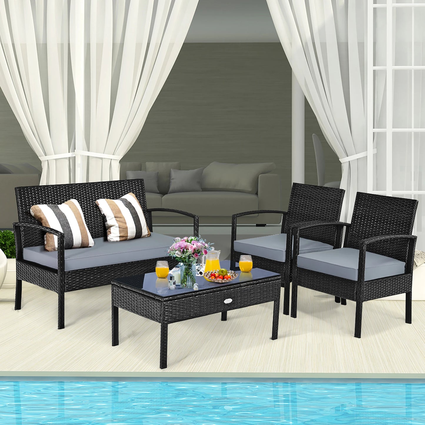 4pcs Black Rattan Wicker Furniture Set for Patio