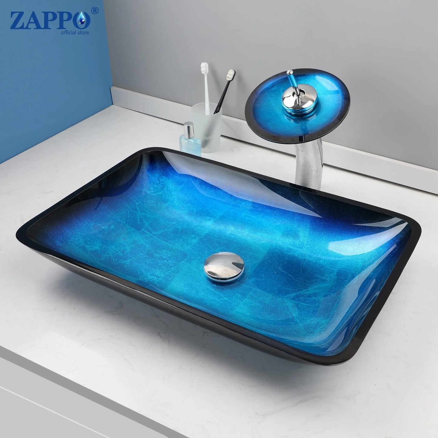 ZAPPO Blue Tempered Glass Bathroom Vessel Sink with Waterfall Black Faucet – Oval Above-Counter Basin Set
