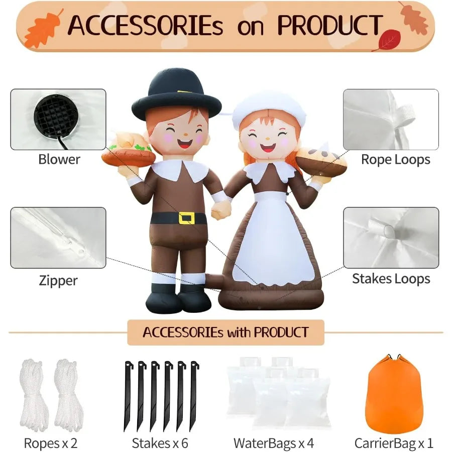 6FT LED Lighted Inflatable Pilgrim Boy and Girl – Thanksgiving Outdoor Yard Decoration for Fall & Holiday Season
