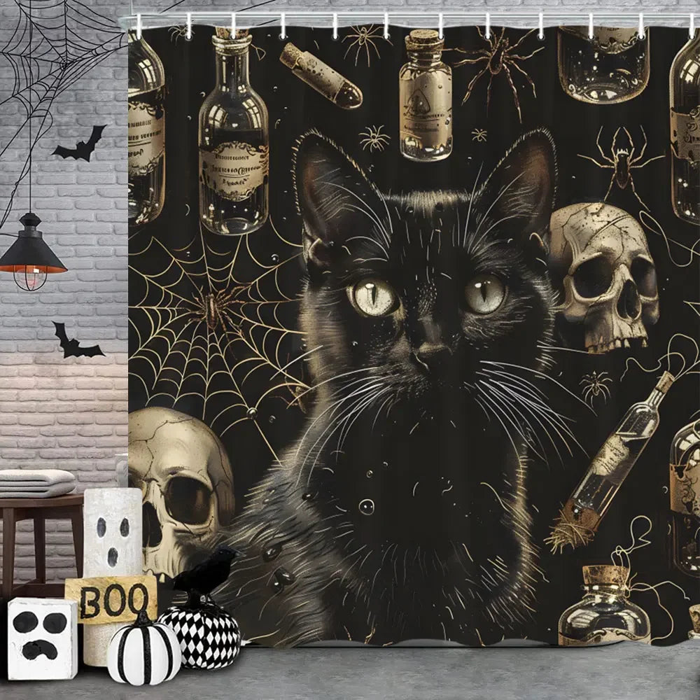 🦇 Spooky Halloween Skeleton & Crow Shower Curtain – Gothic Black Cat & Bat Design with Hooks