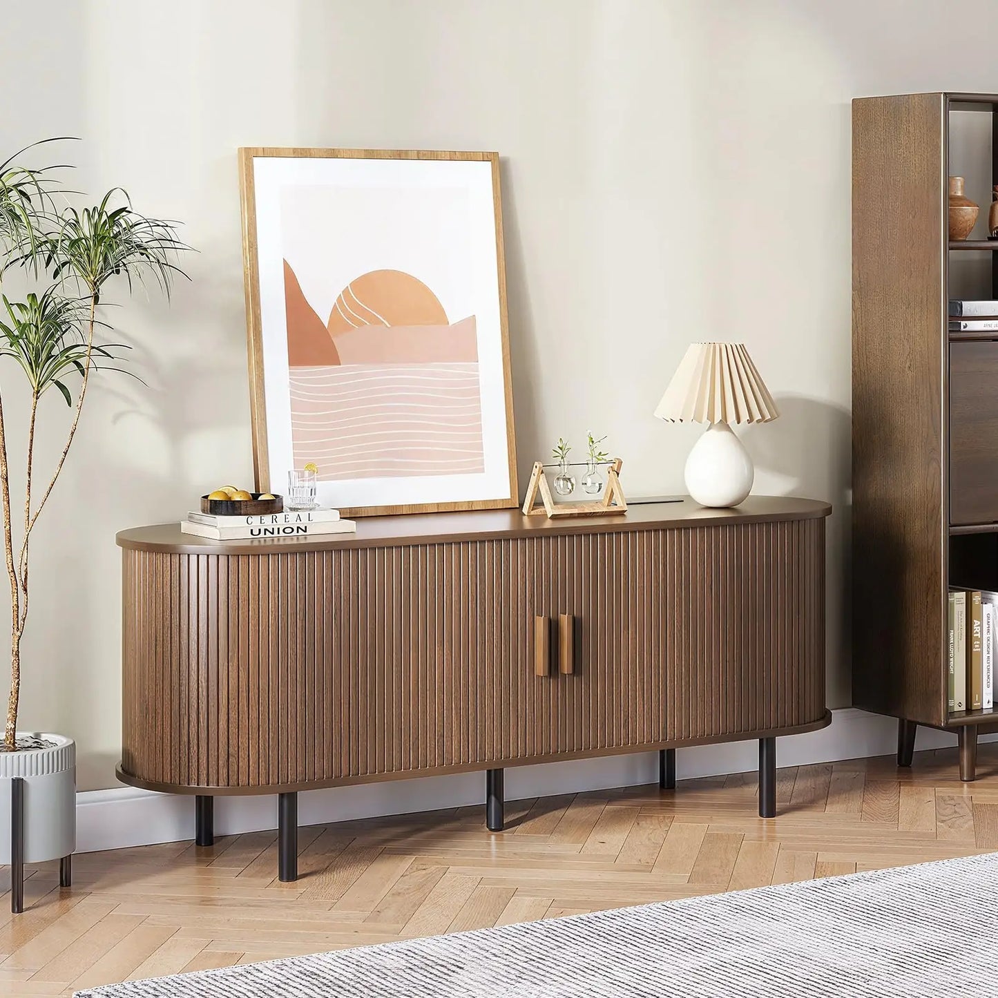 Modern TV Stand with Power Outlet – Entertainment Center with Sliding Doors, Adjustable Shelves & Storage for TVs up to 60/70"