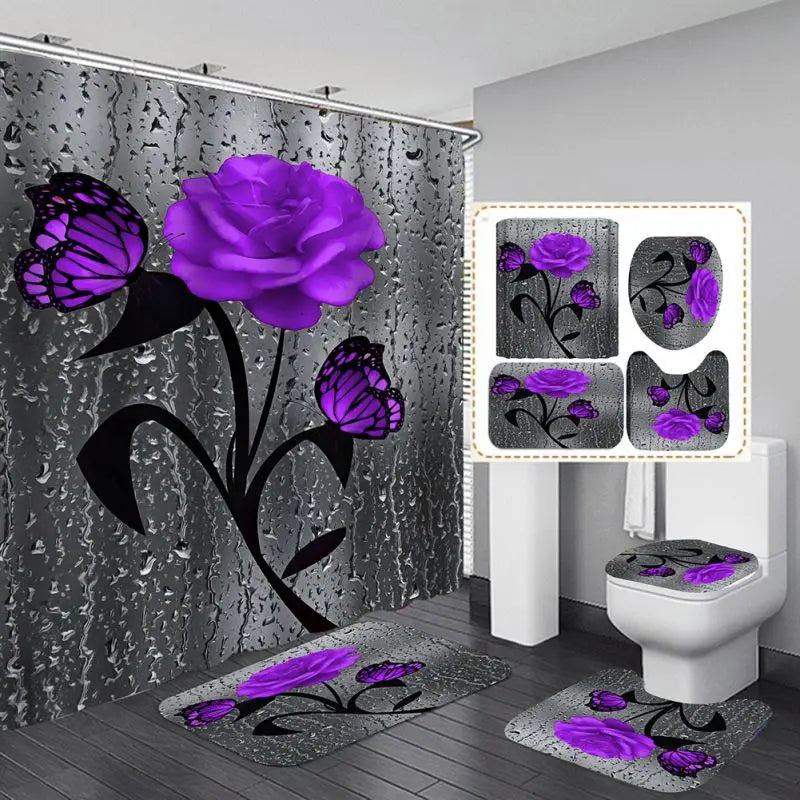 4PCS Bathroom Shower Curtain Set with Non-Slip Rugs, Toilet Seat Cover, Bath Mat & Doormat – Waterproof & Durable Bathroom Home Decor