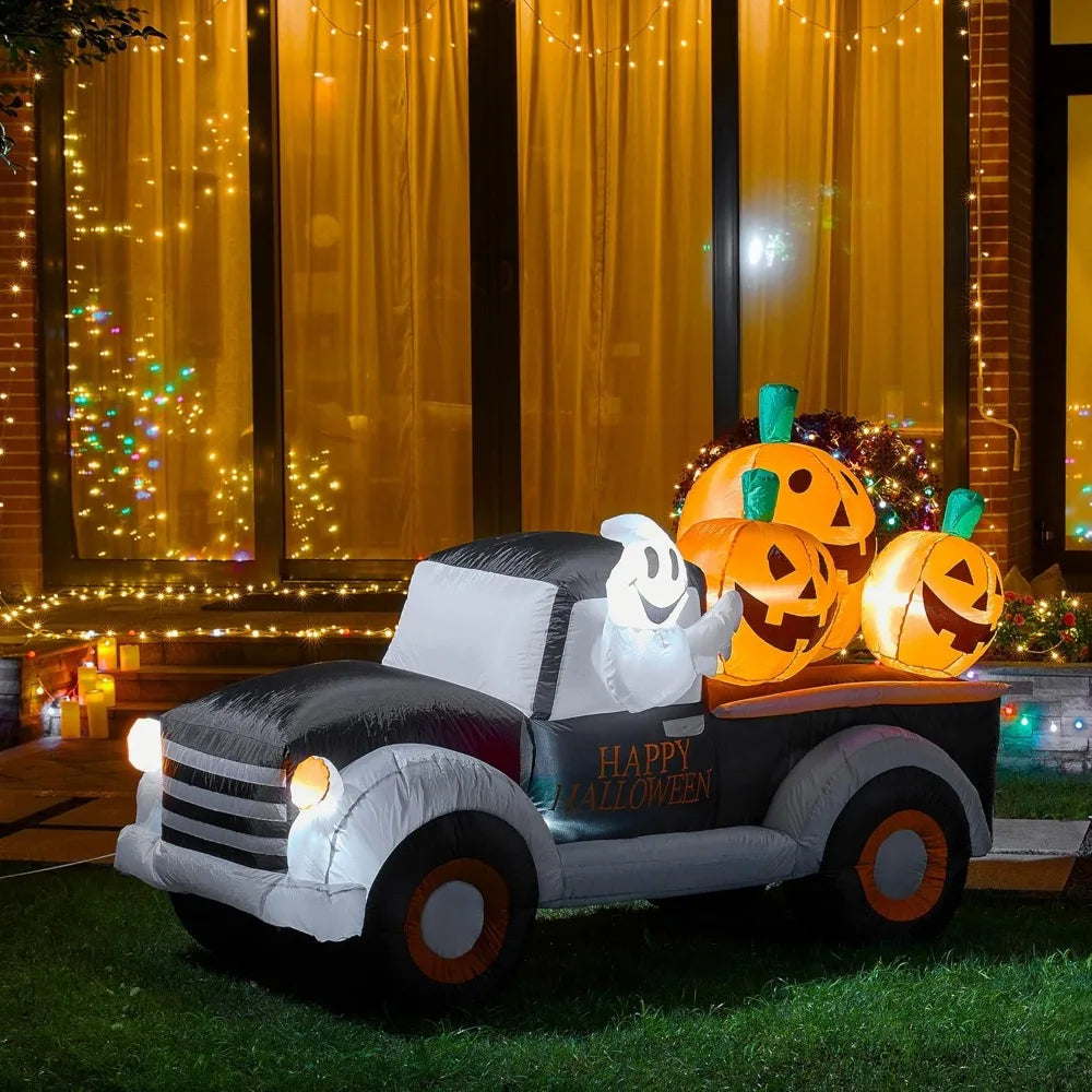 8FT Halloween Inflatable Pumpkin Truck – Lighted Outdoor Blow-Up Decoration for Yard, Garden, or Holiday Display