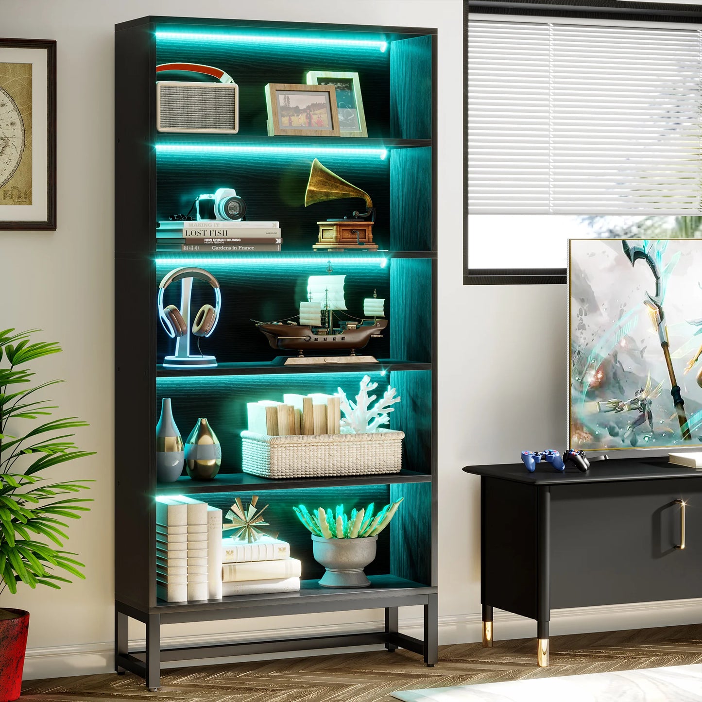 Large Heavy Duty Bookcase 70.8” with LED Lights