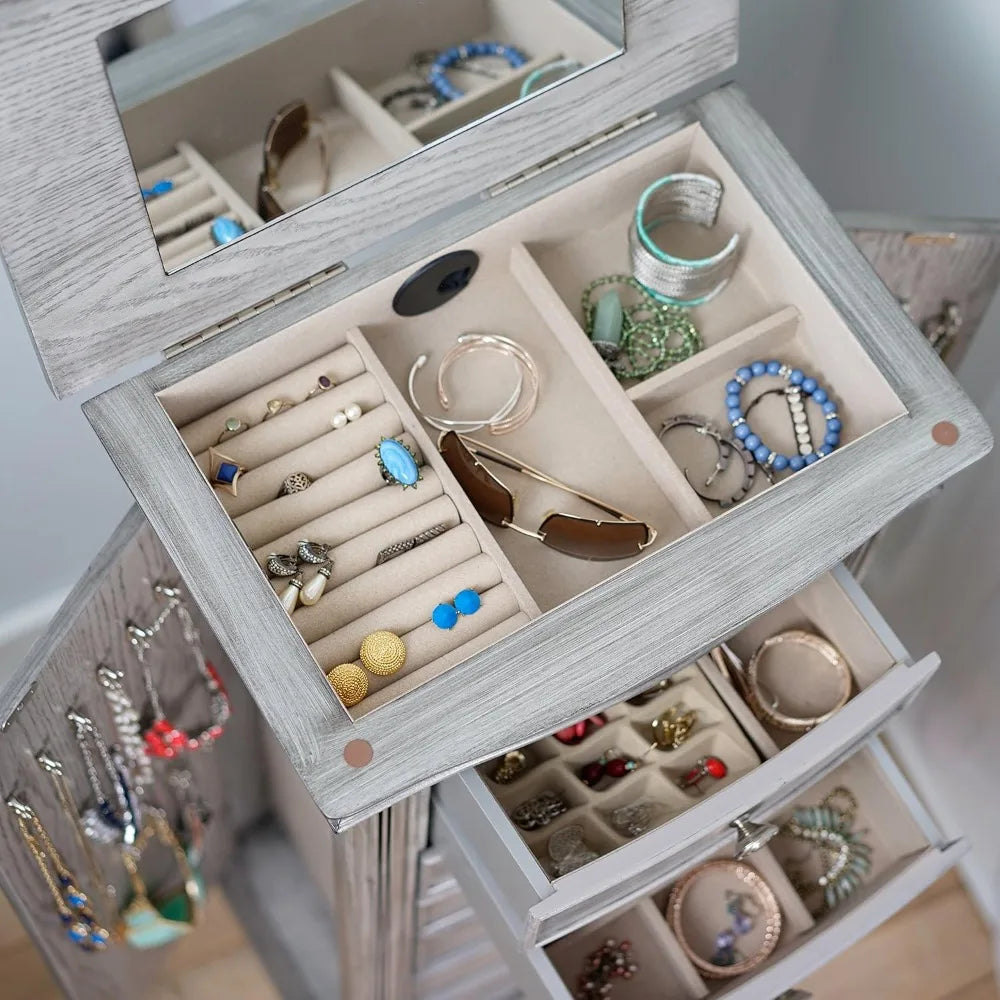 Standing Jewelry Armoire – Large 7-Drawer Wooden Jewelry Organizer with Mirror, Side Doors & Anti-Tarnish Lining for Home
