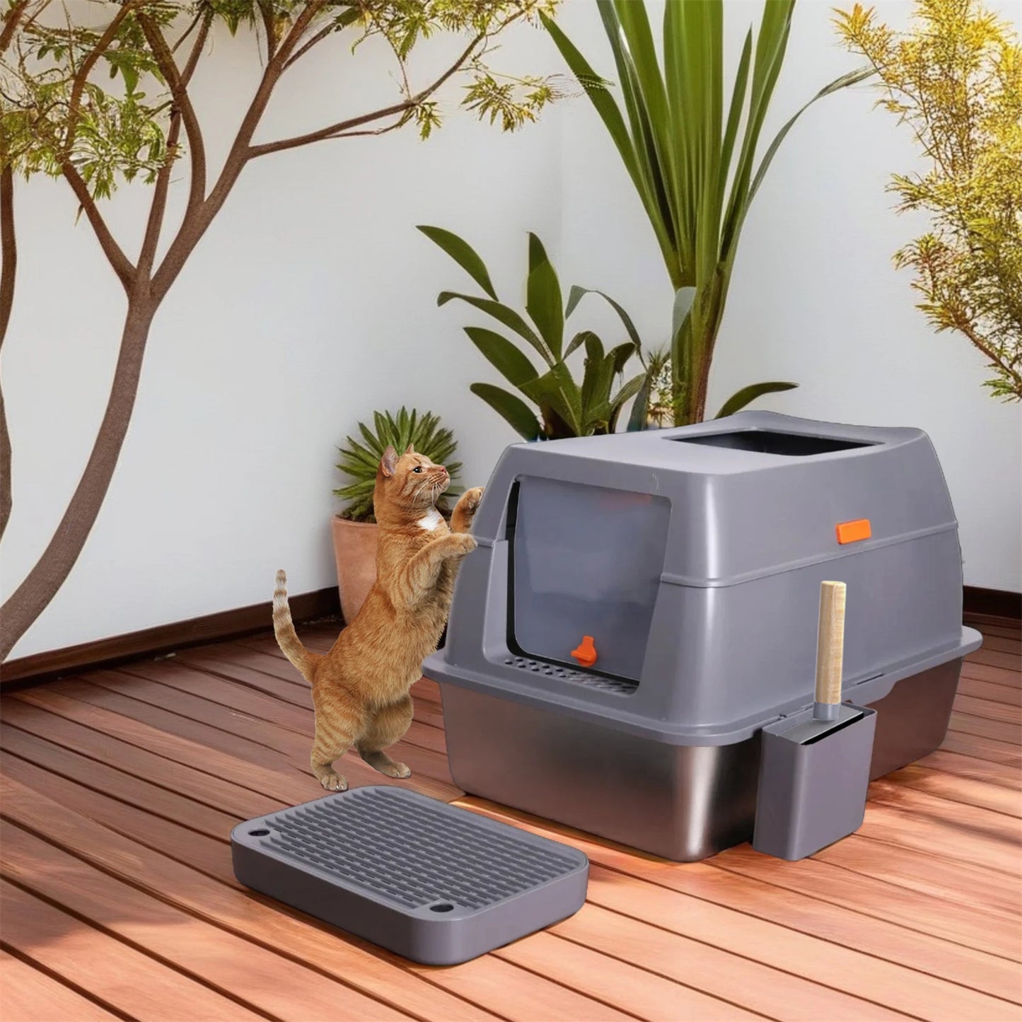 Enclosed Stainless Steel Cat Litter Box with Lid – Extra Large High-Walled Metal Tray for Big Cats & Kittens