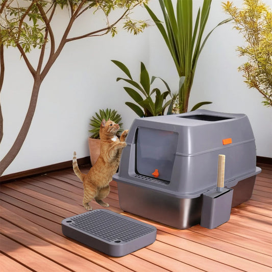 Enclosed Stainless Steel Cat Litter Box with Lid – Extra Large High-Walled Metal Tray for Big Cats & Kittens