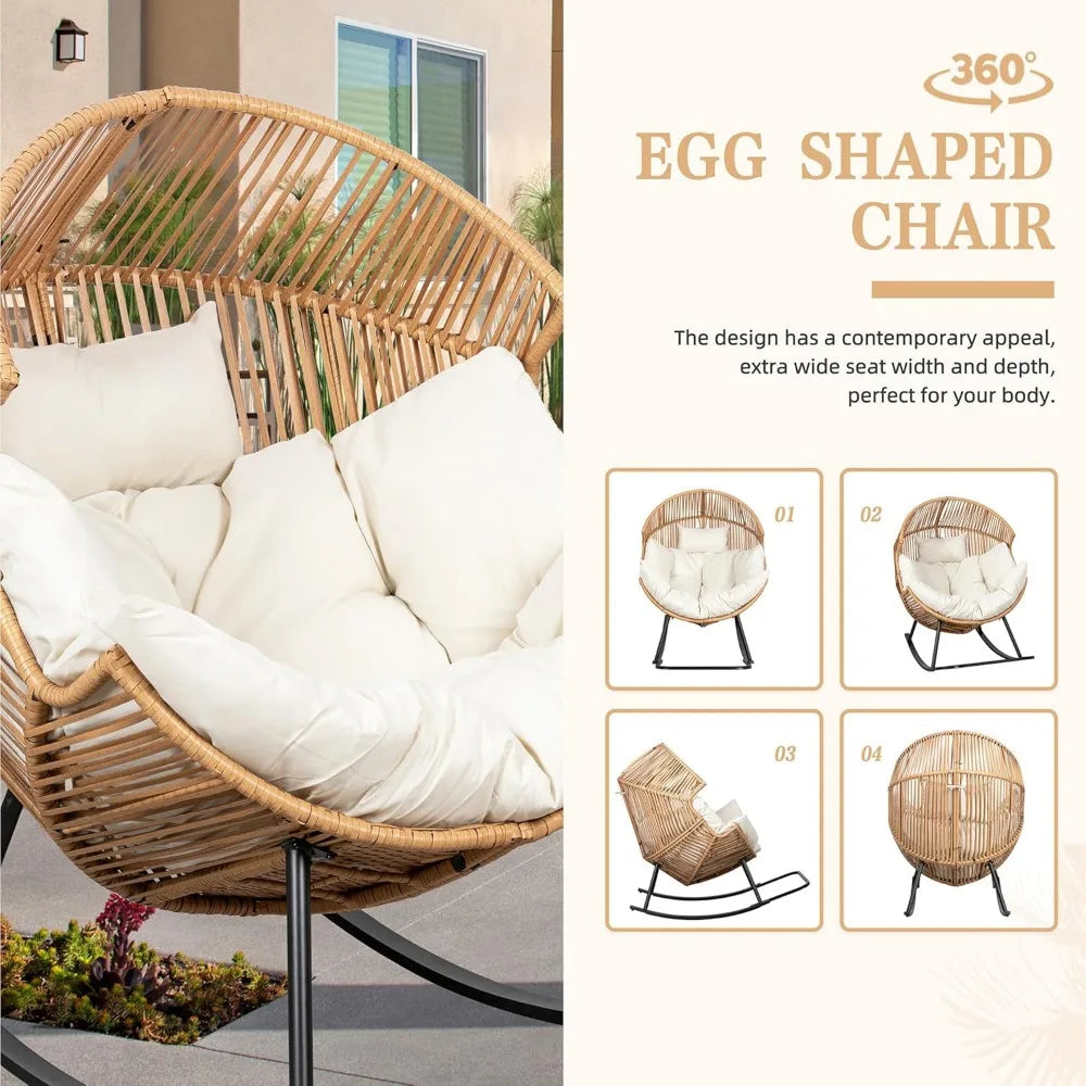Wicker Egg Rocking Chair with Cushion – Oversized PE Rattan Patio Lounge Chair for Indoor & Outdoor Use, Balcony, Backyard, or Porch