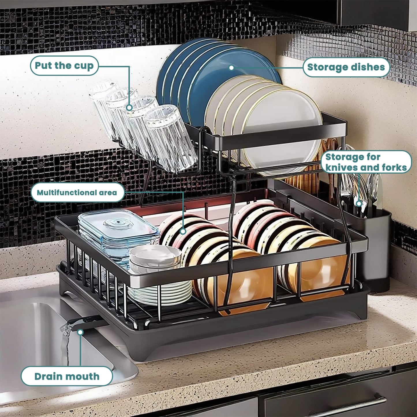 Large 2-Tier Dish Drying Rack – Removable High-Capacity Kitchen Countertop Dish Drainer