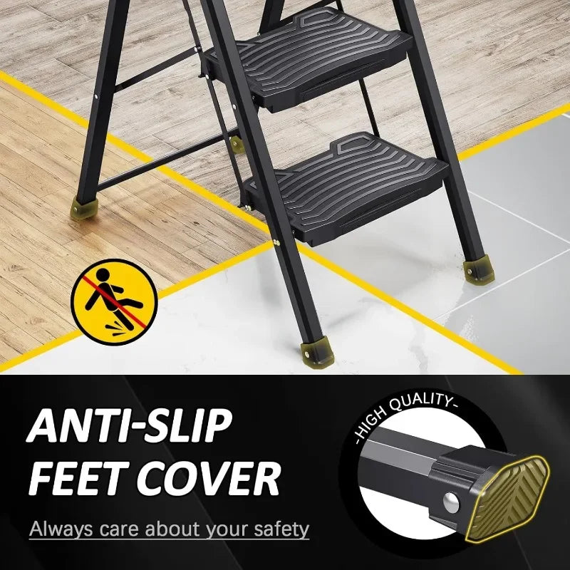 Step Ladder Folding – Heavy-Duty 900lbs Capacity with Anti-Slip Wide Pedals & Handrails, Lightweight Household Ladder, Certified for Safety