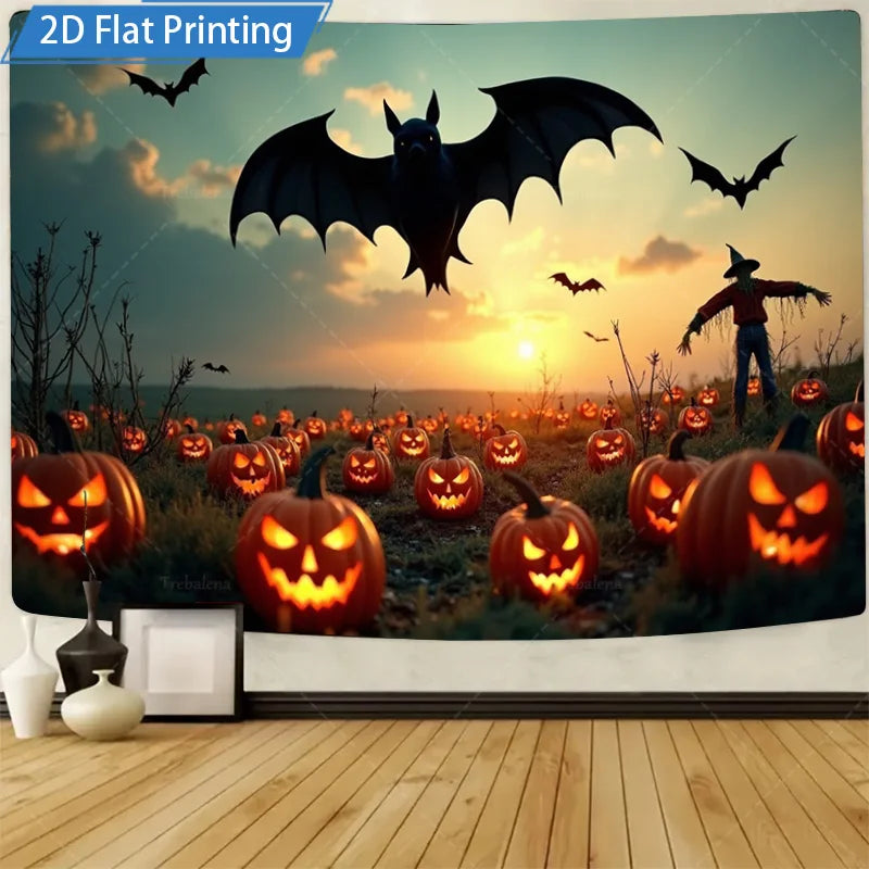 Halloween Wall Tapestry – Monsters, Skulls & Pumpkins, Spooky Welcome Décor for Home, Bedroom, or Party