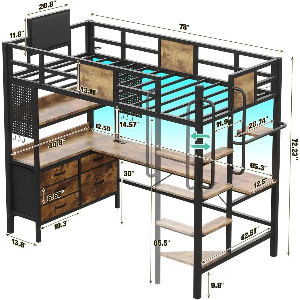 Twin Size Metal Loft Bed with L-Shaped Desk, LED Lights & Charging Station – Space-Saving Bunk Bed with Storage Shelves, 78" Length