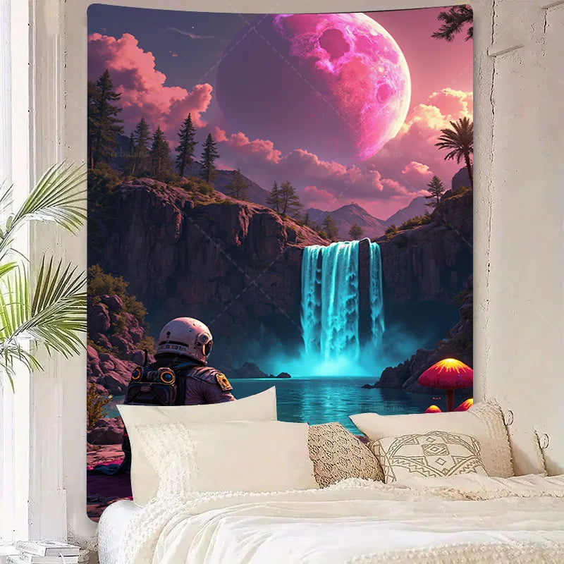 Futuristic Astronaut Wall Tapestry – Glowing Waterfall & Pink Moon, Sci-Fi Home Décor for Bedroom, Living Room, or Dorm