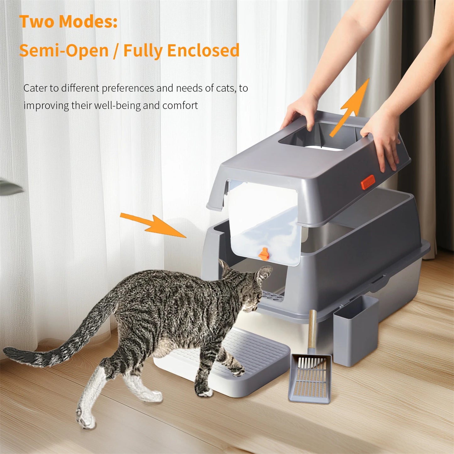 Enclosed Stainless Steel Cat Litter Box with Lid – Extra Large High-Walled Metal Tray for Big Cats & Kittens