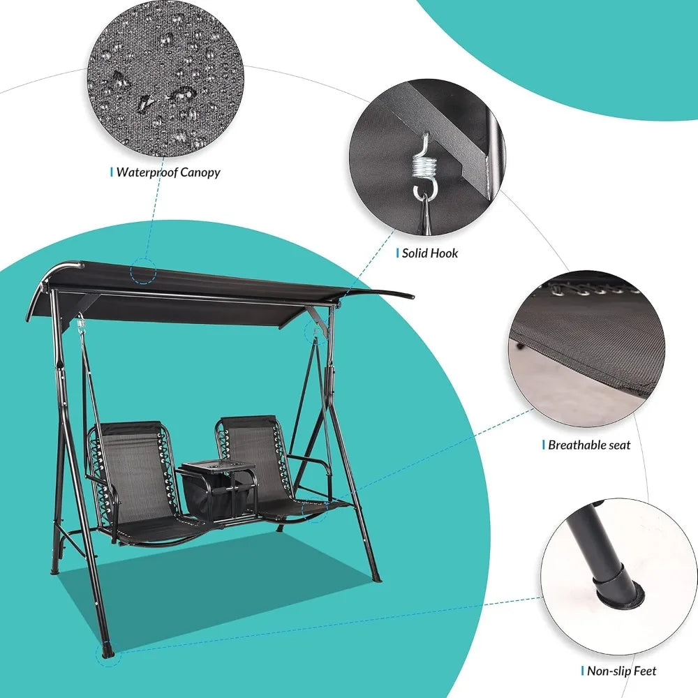 2 Seat Outdoor Patio Swing Chair Outdoor Canopy Swing Glider with Pivot Storage Table, Cup Holder, Adjustable Shade