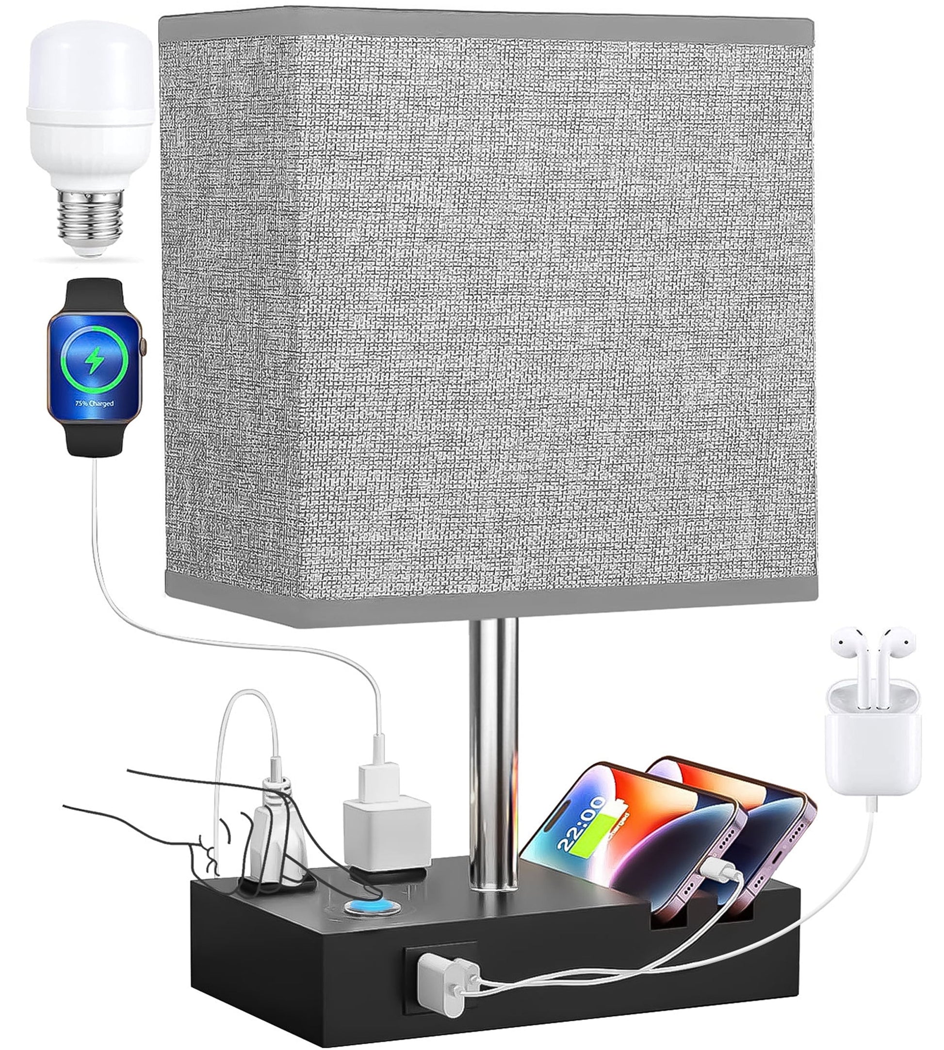 Bedside Table Lamps with Dual Phone Stands – Gray