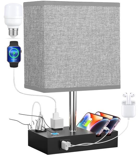 Bedside Table Lamps with Dual Phone Stands – Gray