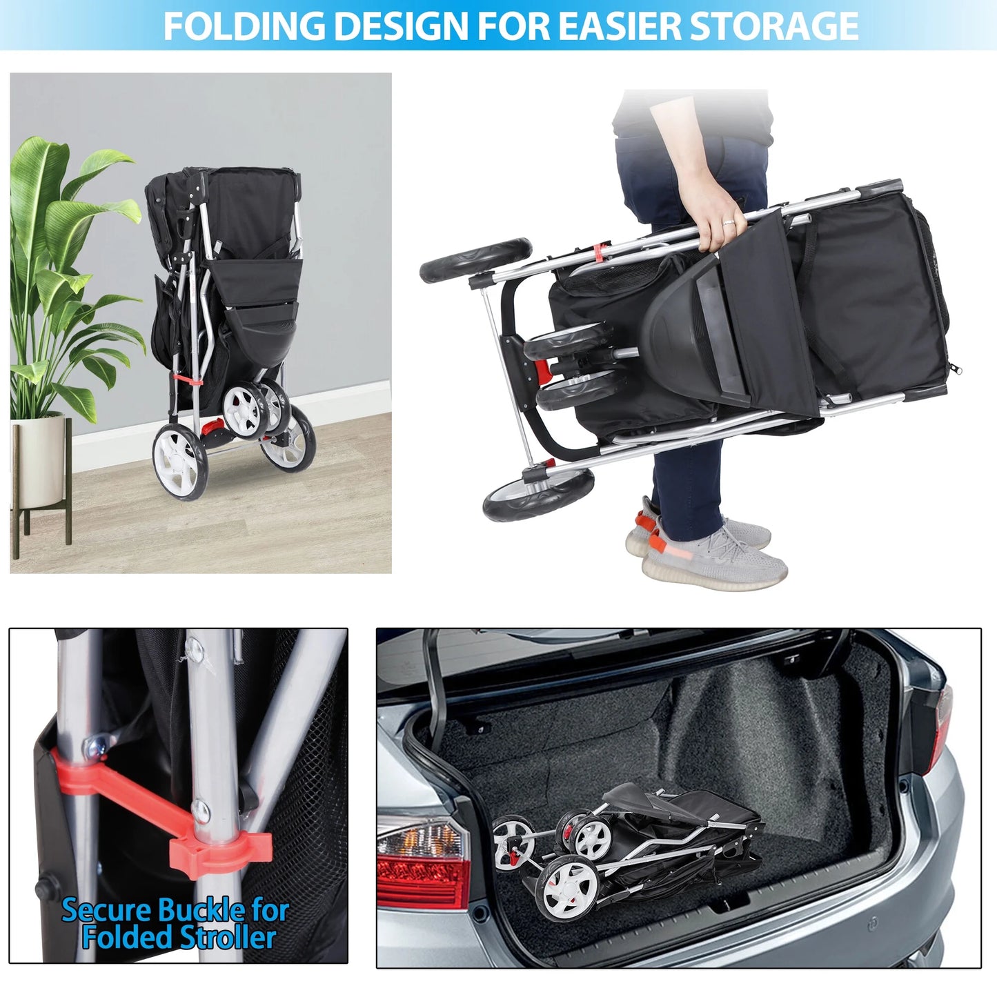 Foldable 3-Wheel Pet Stroller – Dog & Cat Travel Carrier with Storage Basket, Black