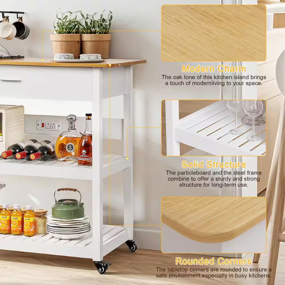 Kitchen Island Cart on Wheels – 40" Rolling Utility Cart with Power Strip & White Wood Shelves