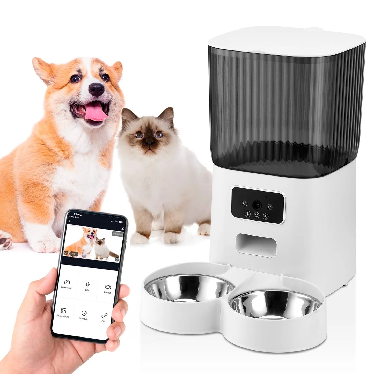 Threes Tree Automatic Cat Feeder with Camera – 5L Dual Pet Feeder with 2 Stainless Steel Bowls & Remote App Control