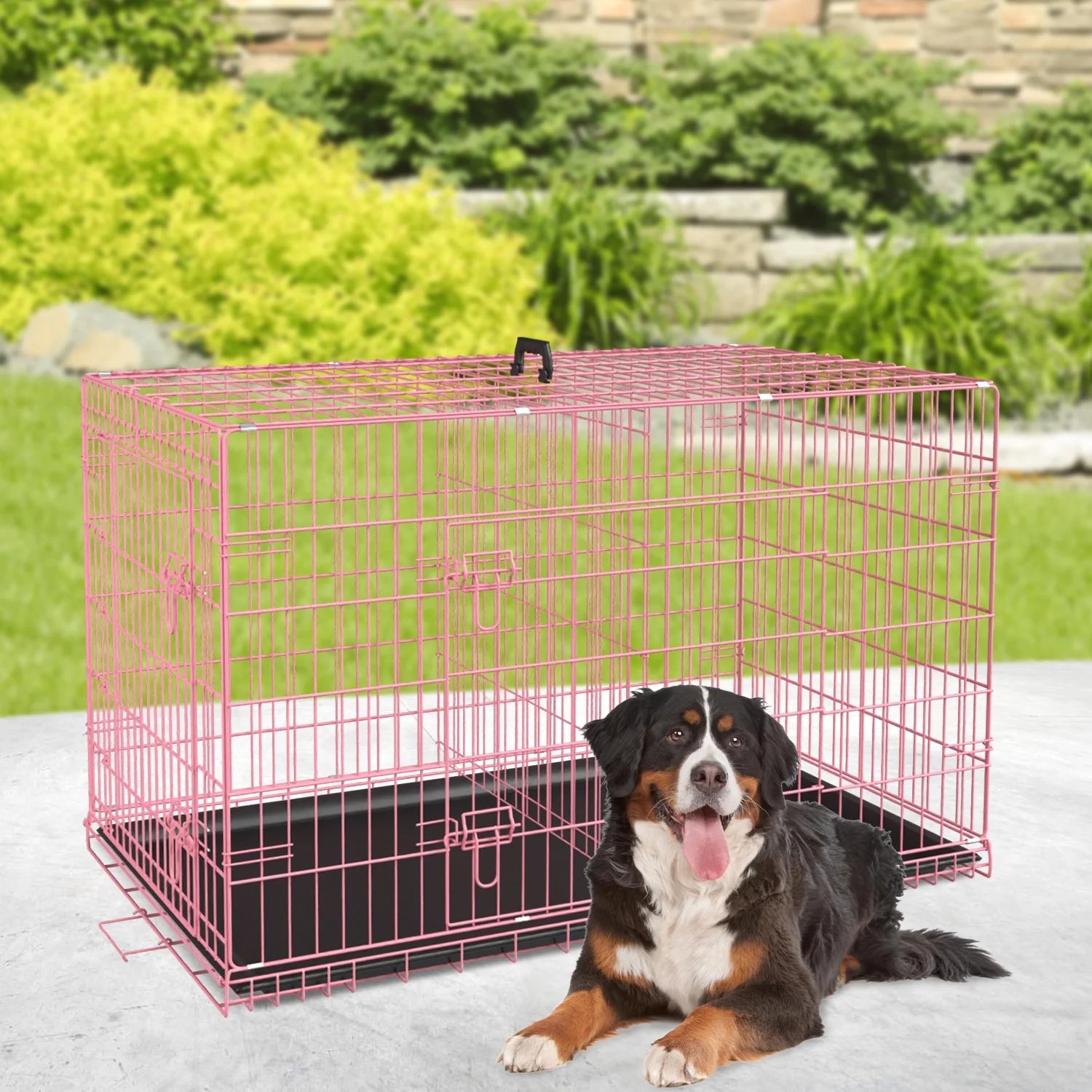 48" Foldable Dog Crate – Double-Door Metal Wire Kennel with Handle & Plastic Tray for Large Dogs, Pink