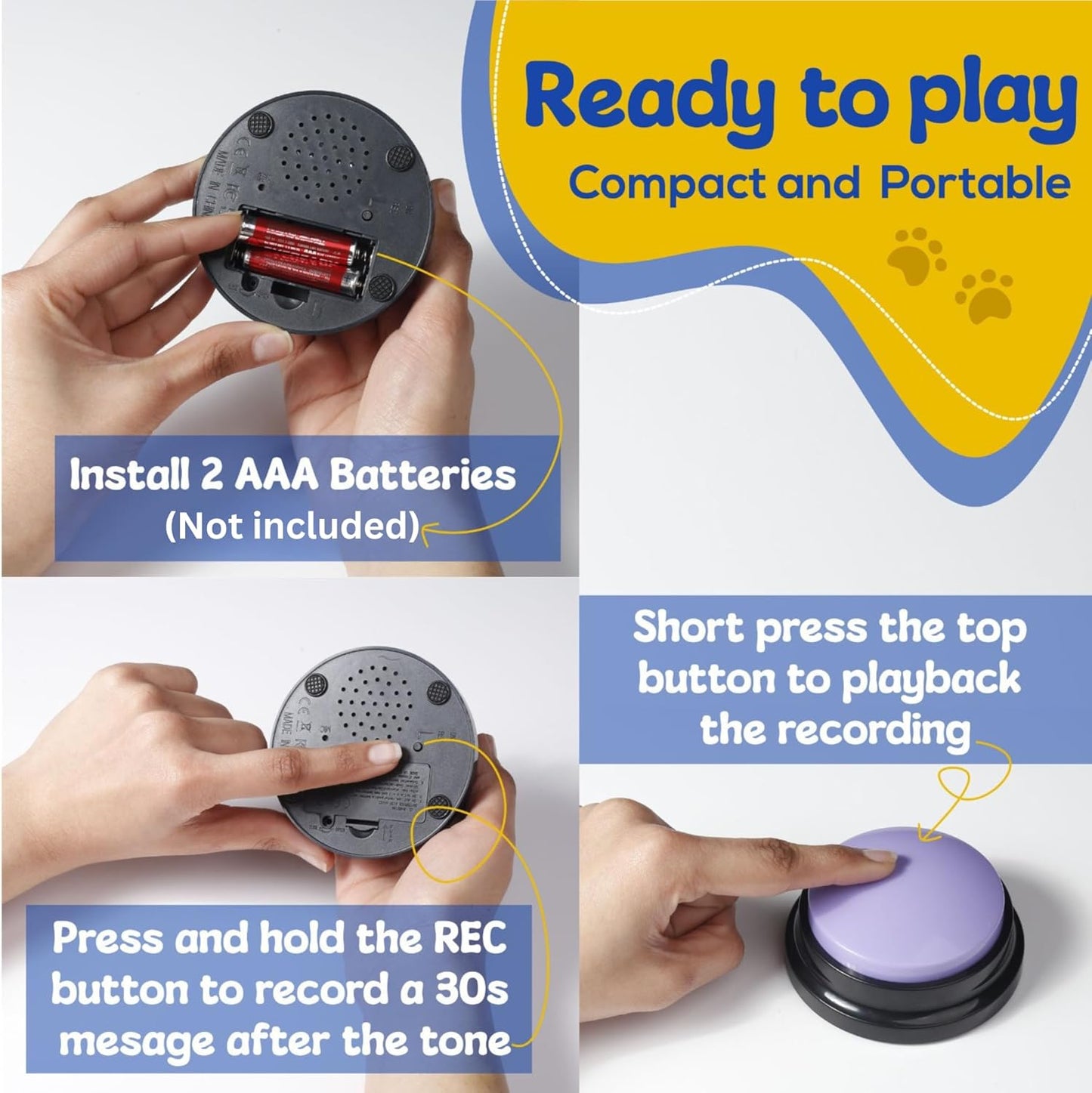 Talking Dog Buttons – 6-Pack Recordable Communication Buttons with Mat & Clicker, Clear Sound, Training Guide & Custom Stickers