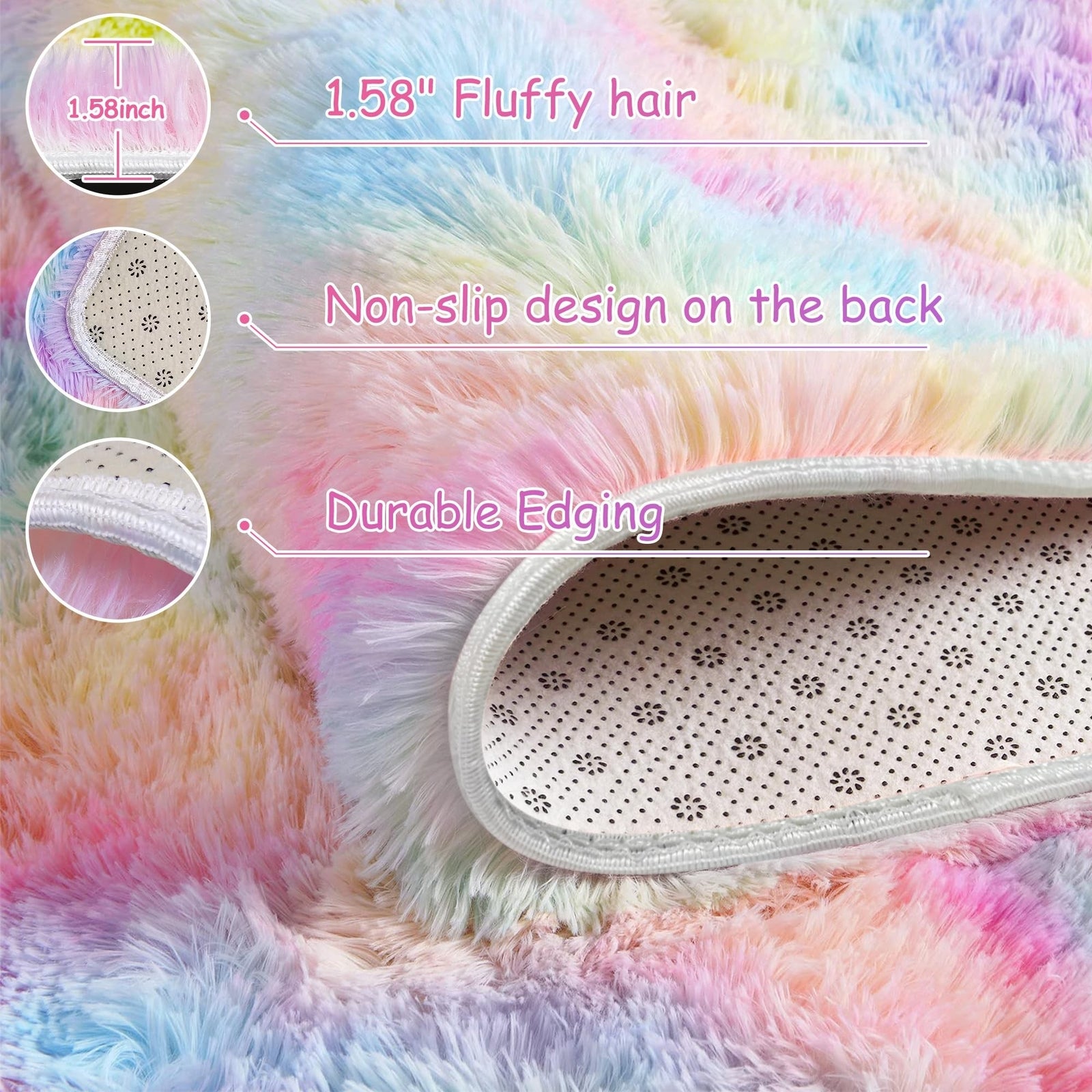 Rainbow Fluffy Plush Area Rug – 5' x 8' Shaggy Rug for Girls’ Bedroom