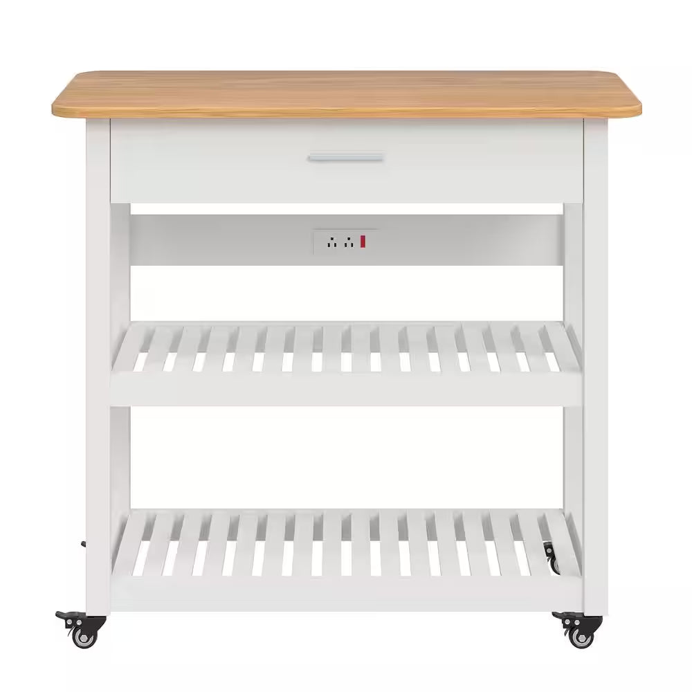 Kitchen Island Cart on Wheels – 40" Rolling Utility Cart with Power Strip & White Wood Shelves