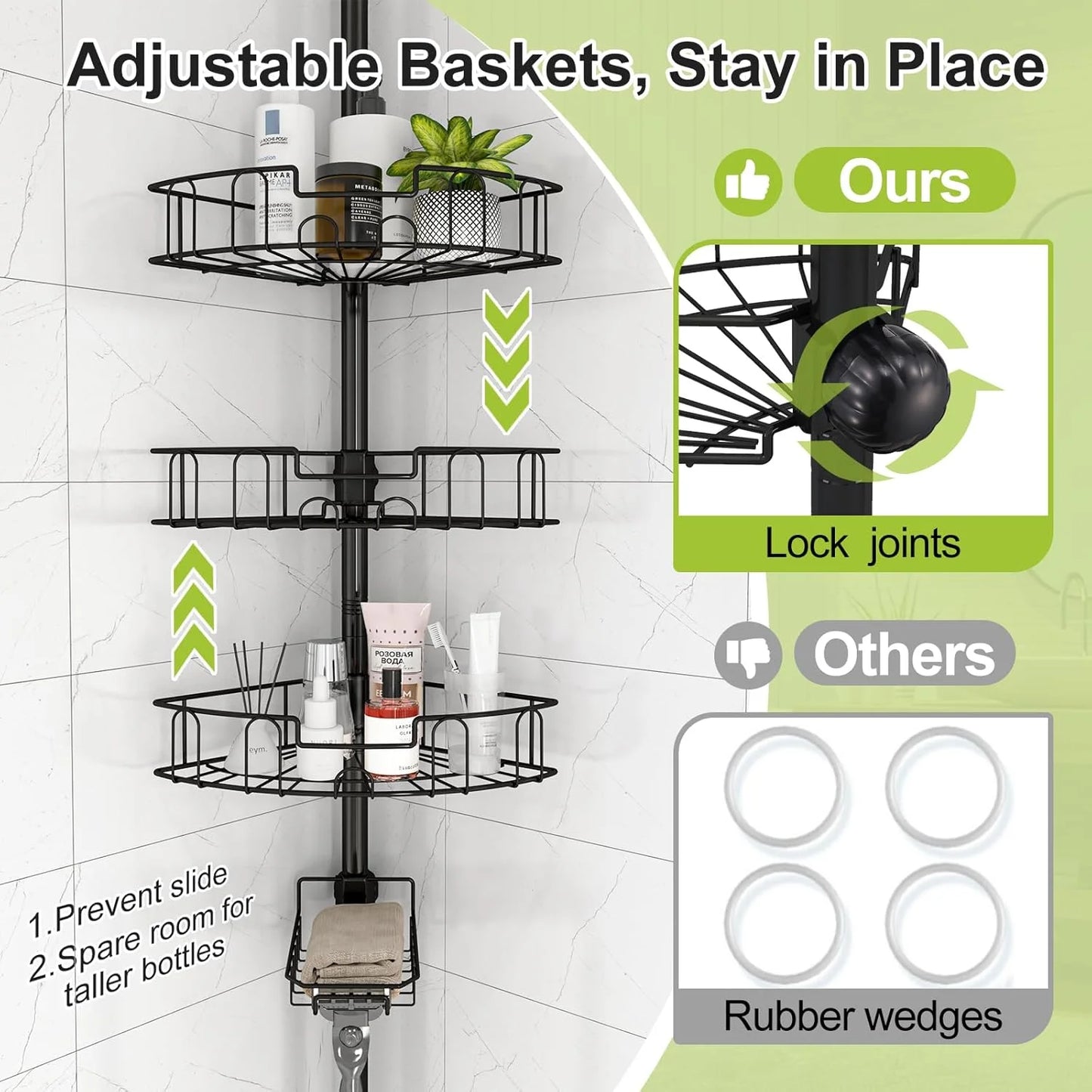 Corner Shower Caddy Tension Pole – Rustproof Stainless Steel Adjustable Floor-to-Ceiling Shower Organizer