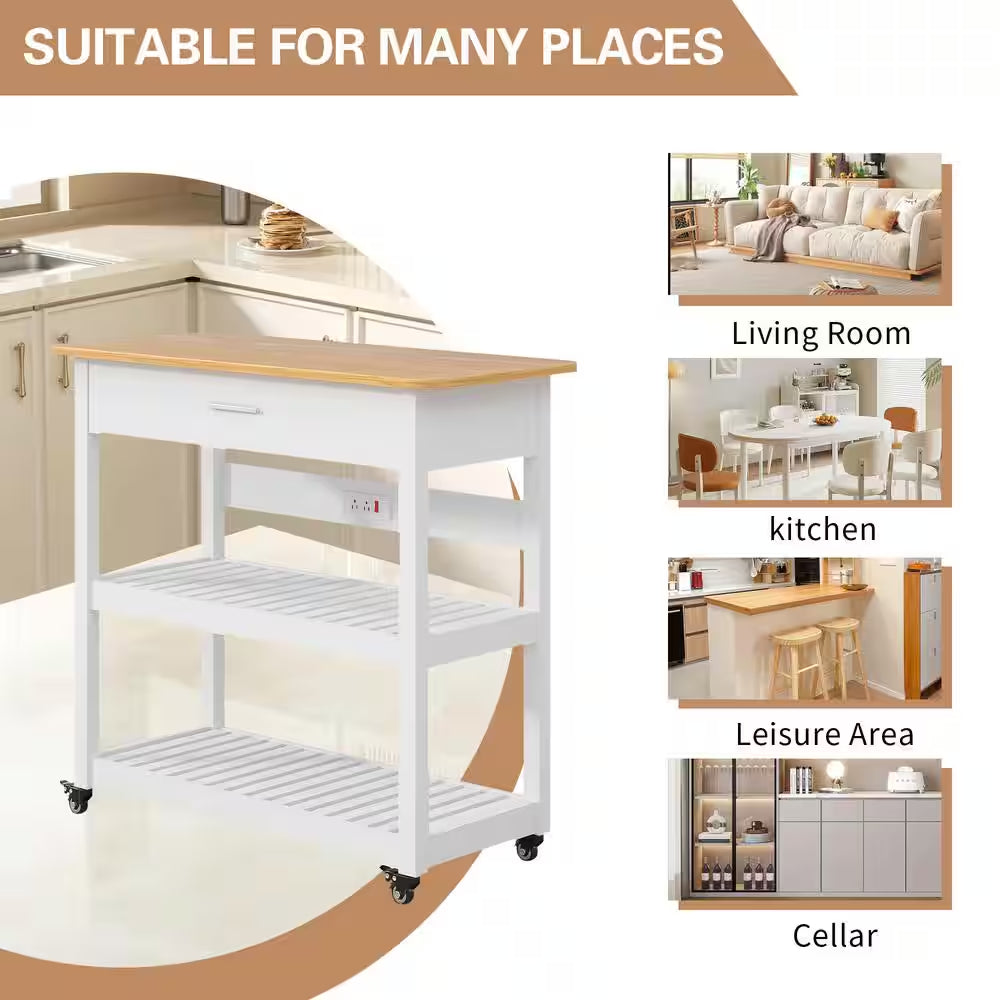 Kitchen Island Cart on Wheels – 40" Rolling Utility Cart with Power Strip & White Wood Shelves