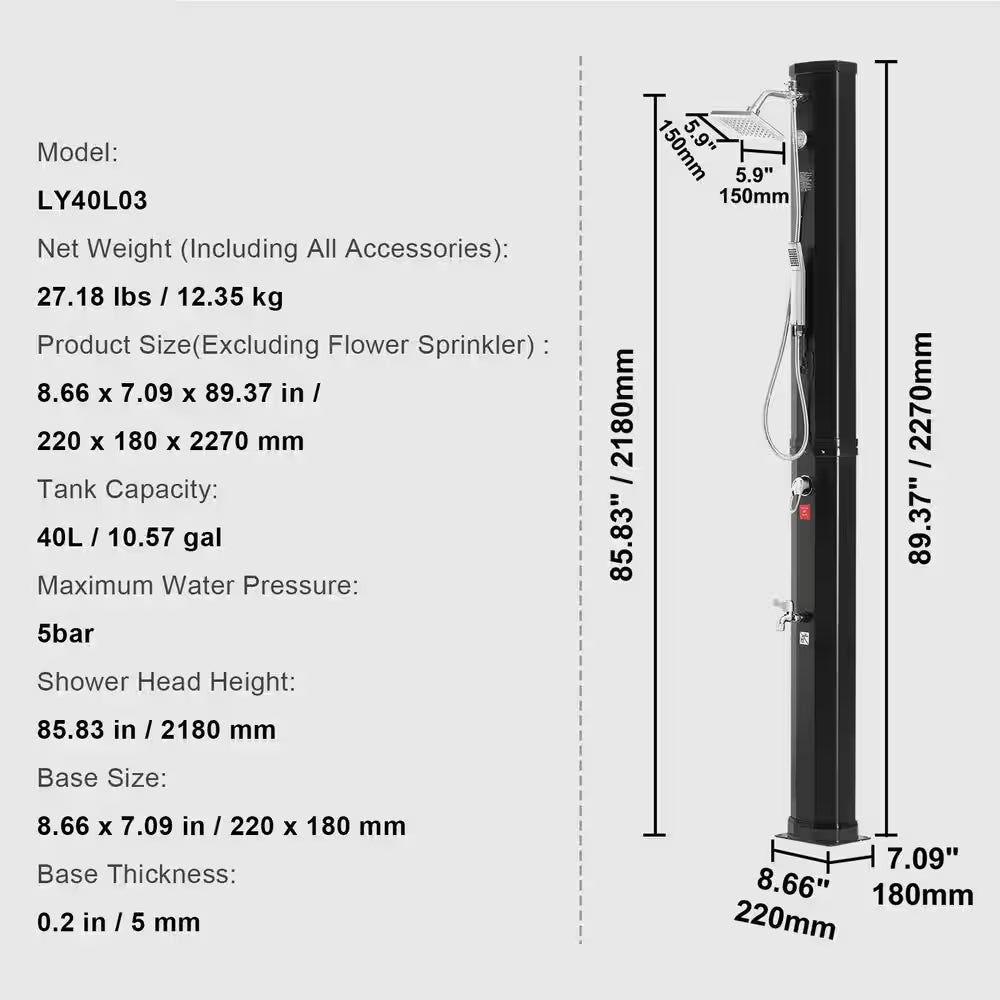 Outdoor Solar Heated Shower – 10.57 Gal Poolside Shower Kit with Dual Shower Heads & Foot Tap, Handheld & Hanging