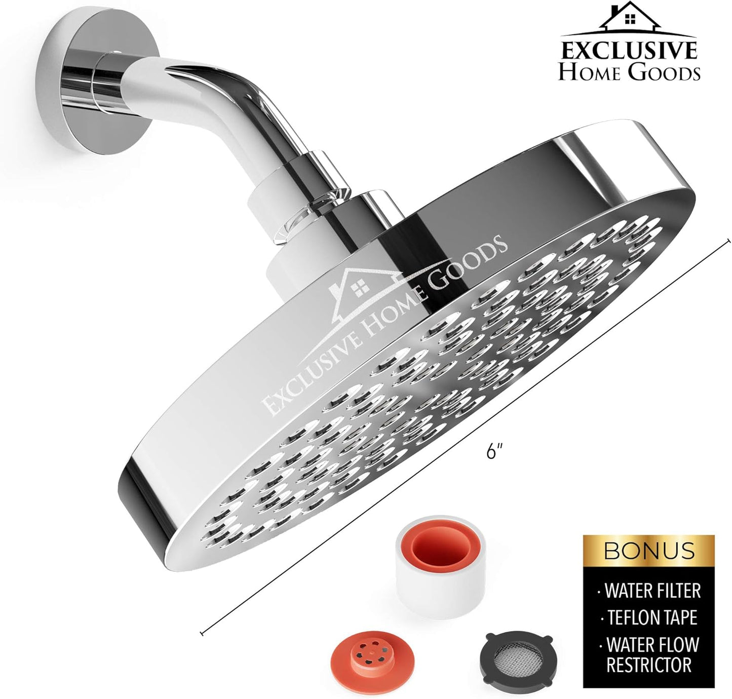 Luxury Rainfall Shower Head – High-Pressure 6" Chrome Showerhead with Anti-Clog Silicone Nozzles (2.5 GPM)