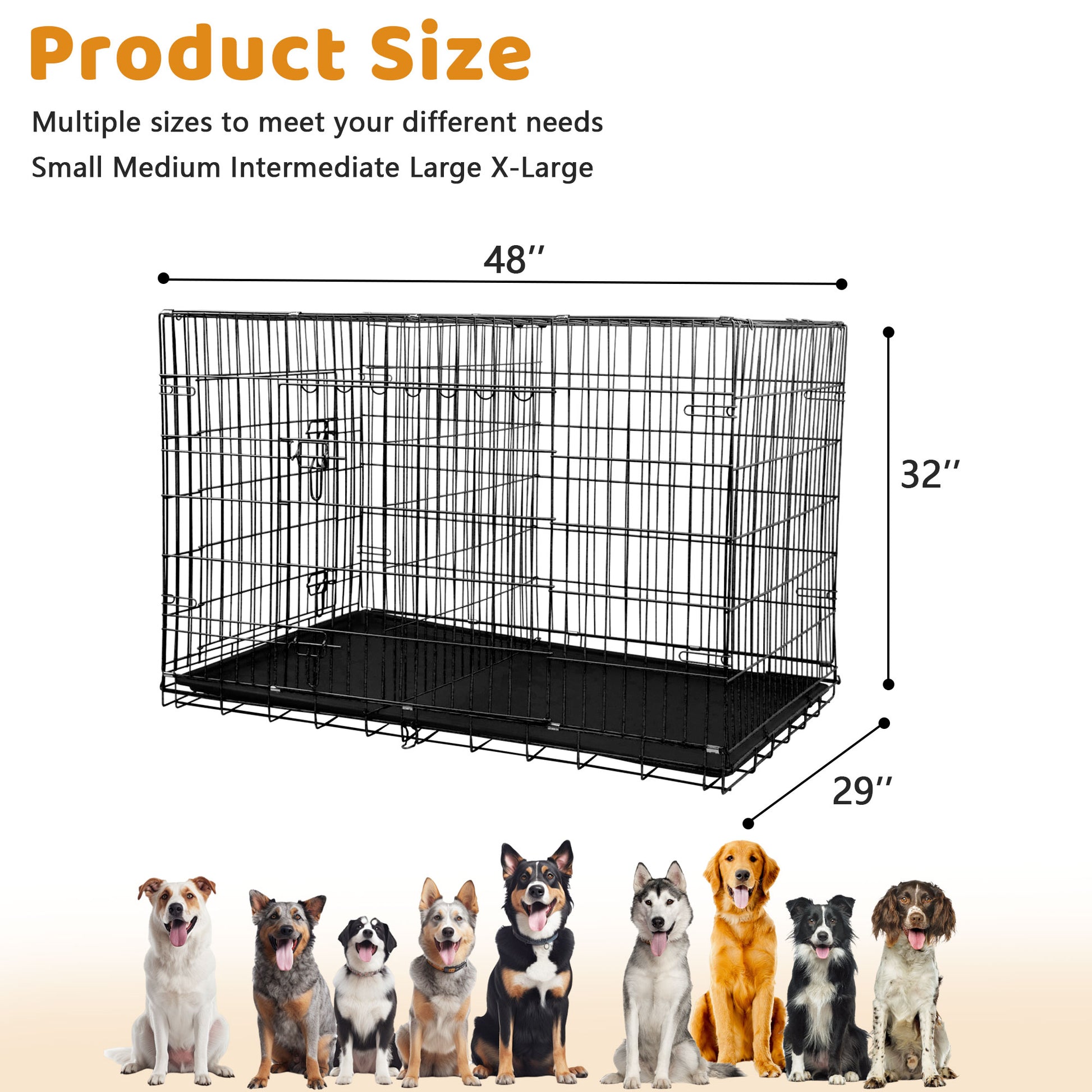 48" Foldable Dog Crate – Double-Door Metal Wire Kennel with Handle & Plastic Tray for Large Dogs, Black