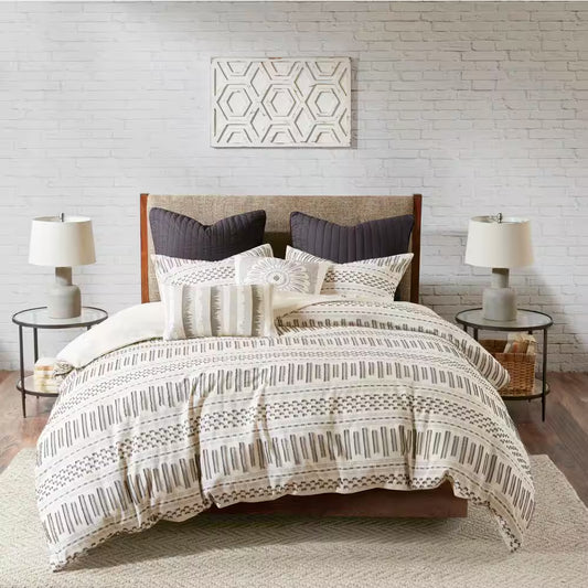 Rhea 3-Piece Ivory & Charcoal Cotton Comforter Set – Full/Queen