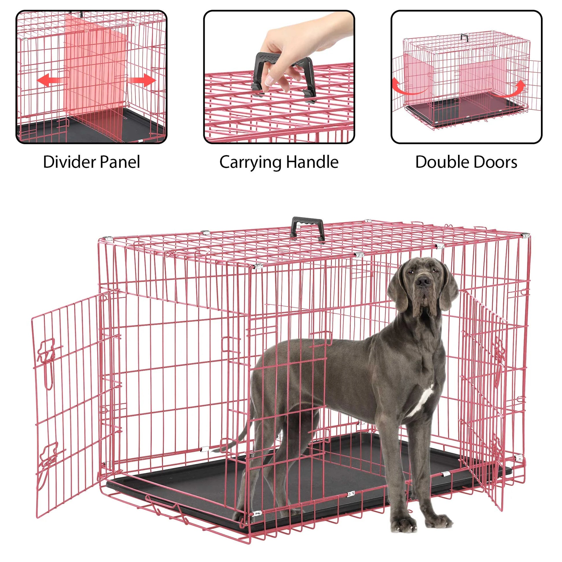 48" Foldable Dog Crate – Double-Door Metal Wire Kennel with Handle & Plastic Tray for Large Dogs, Pink