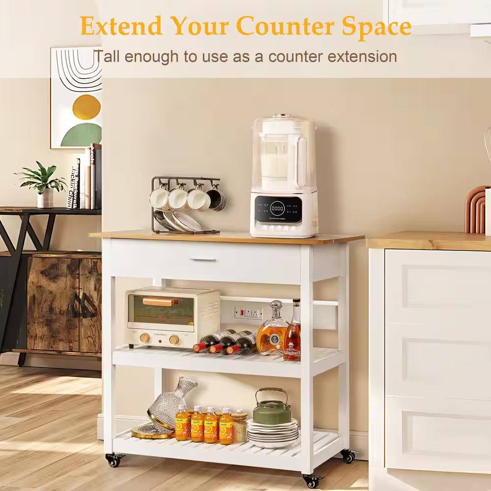 Kitchen Island Cart on Wheels – 40" Rolling Utility Cart with Power Strip & White Wood Shelves