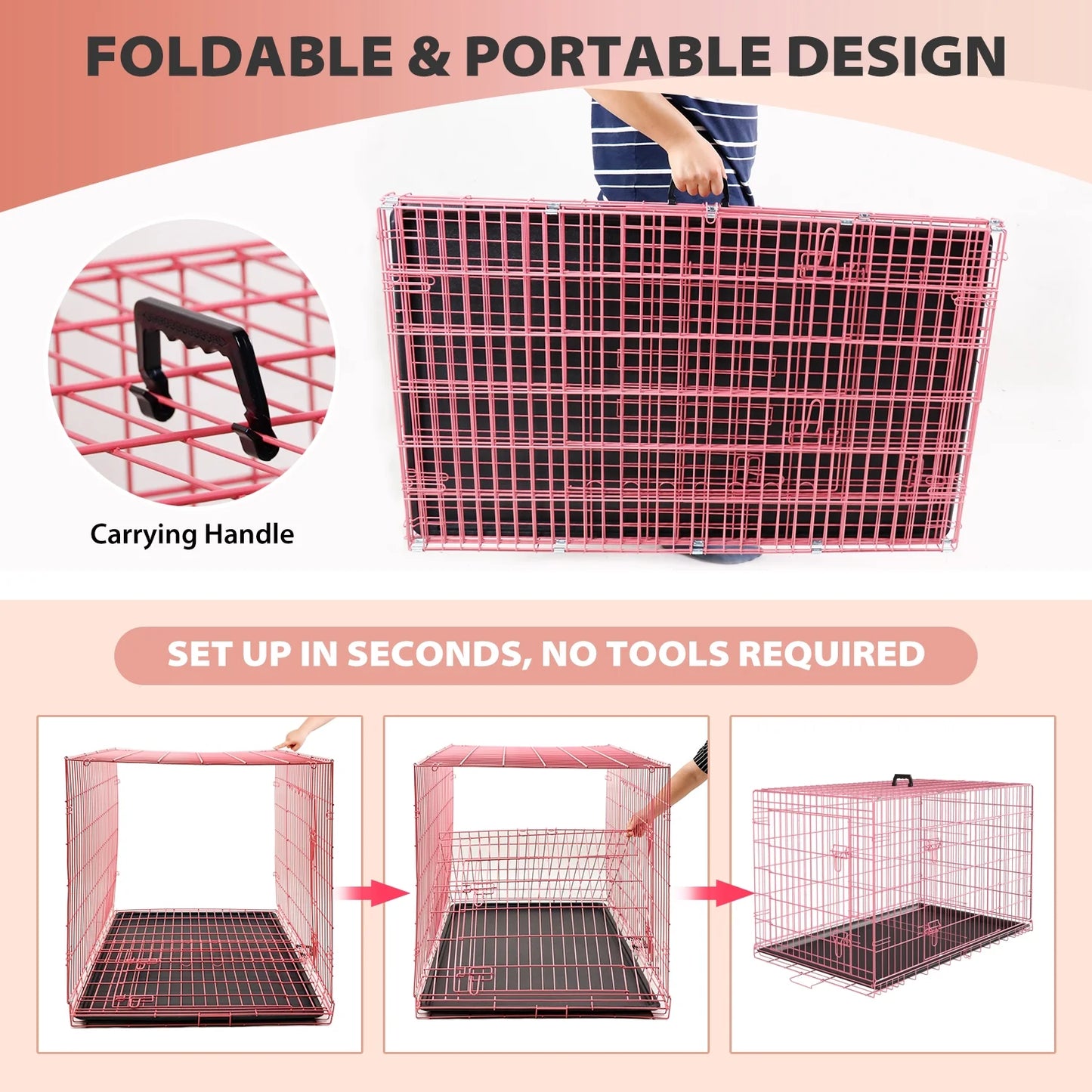 48" Foldable Dog Crate – Double-Door Metal Wire Kennel with Handle & Plastic Tray for Large Dogs, Pink