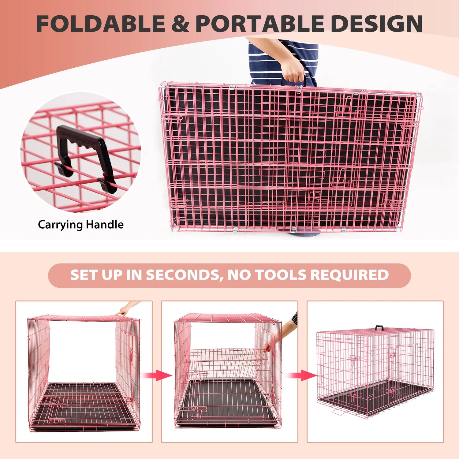 48" Foldable Dog Crate – Double-Door Metal Wire Kennel with Handle & Plastic Tray for Large Dogs, Pink