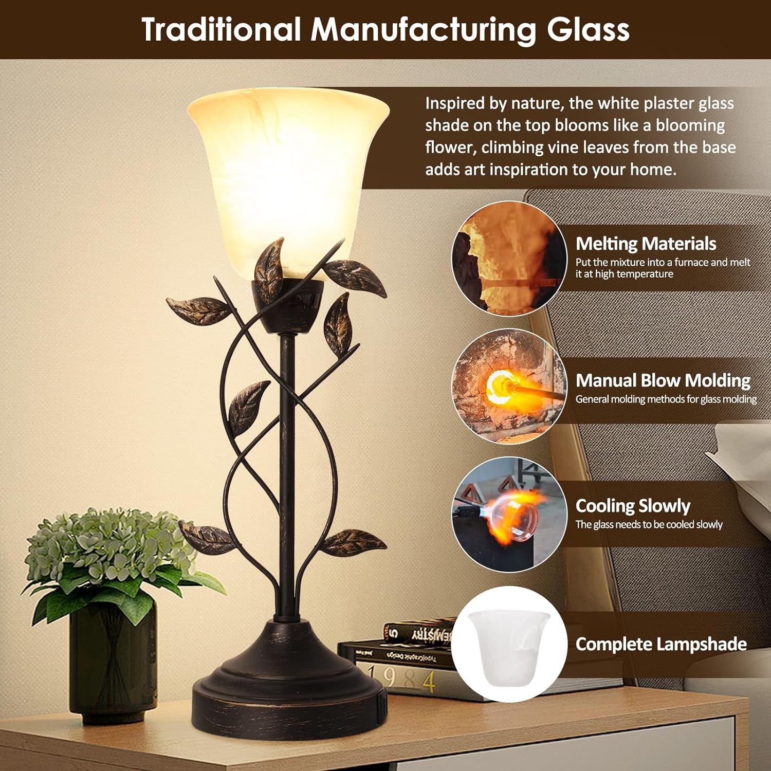 Set of 2 Bedside Table Lamps – 3-Way Dimmable with Touch Control & USB Charging, White Glass Shade, Retro Leaf Design