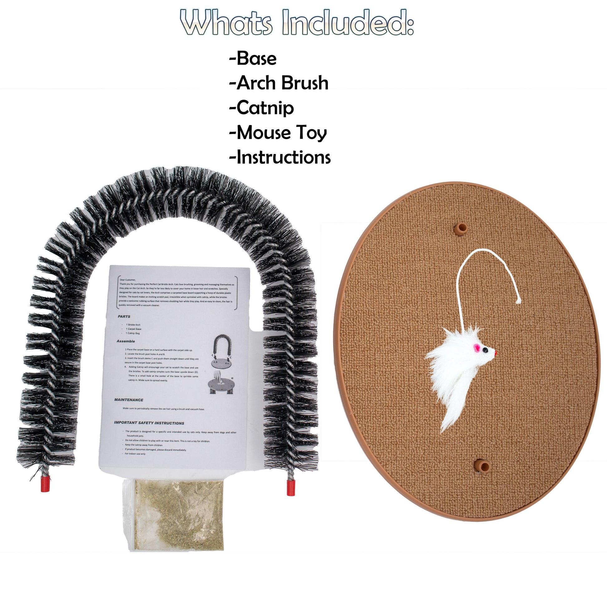 Cat Self-Grooming Arch Toy & Post – Interactive Scratcher with Bristles, Catnip, and Mouse Toy
