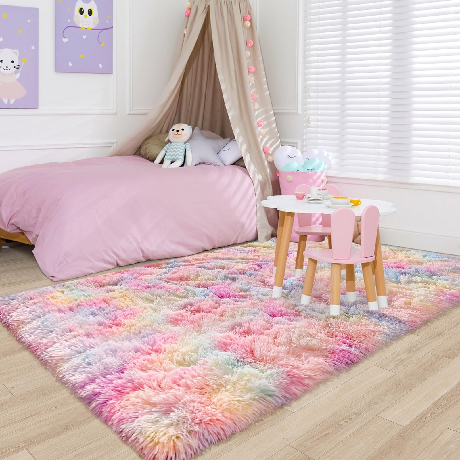 Rainbow Fluffy Plush Area Rug – 5' x 8' Shaggy Rug for Girls’ Bedroom