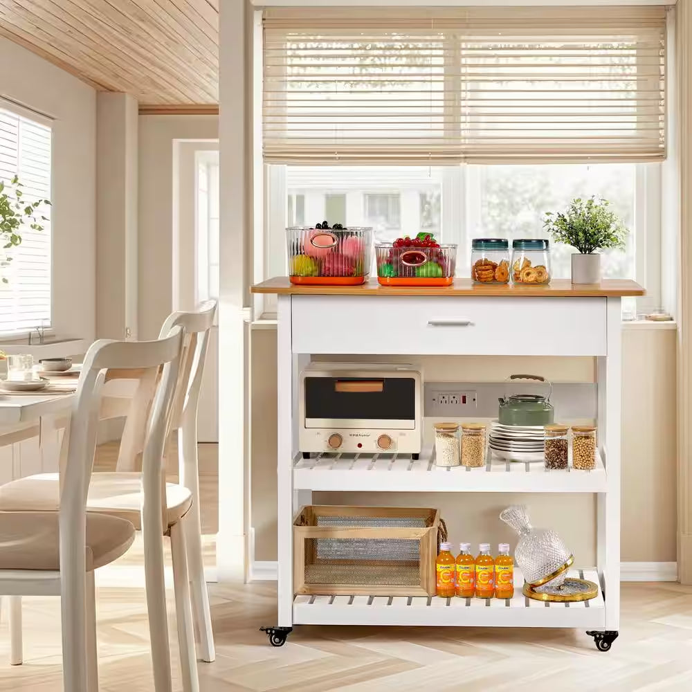 Kitchen Island Cart on Wheels – 40" Rolling Utility Cart with Power Strip & White Wood Shelves