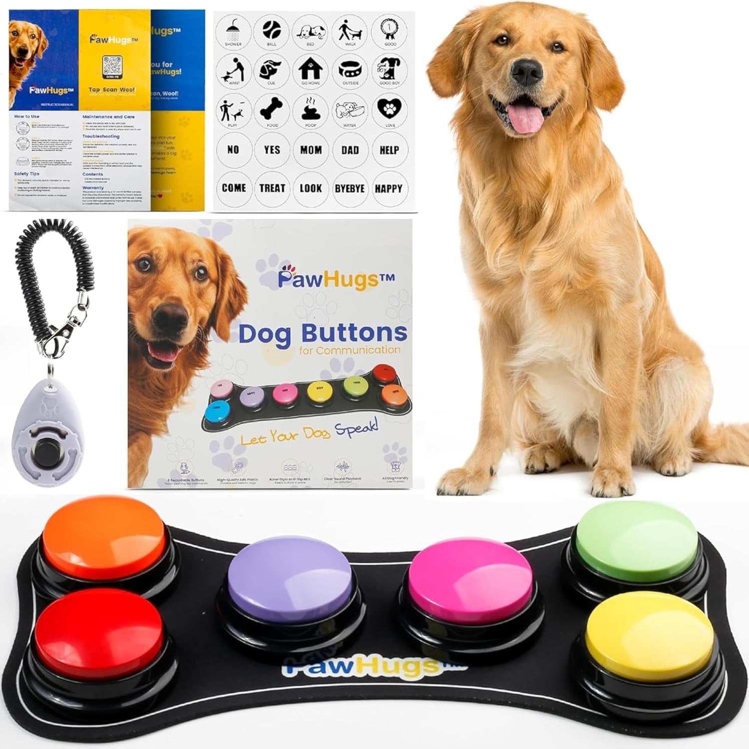 Talking Dog Buttons – 6-Pack Recordable Communication Buttons with Mat & Clicker, Clear Sound, Training Guide & Custom Stickers