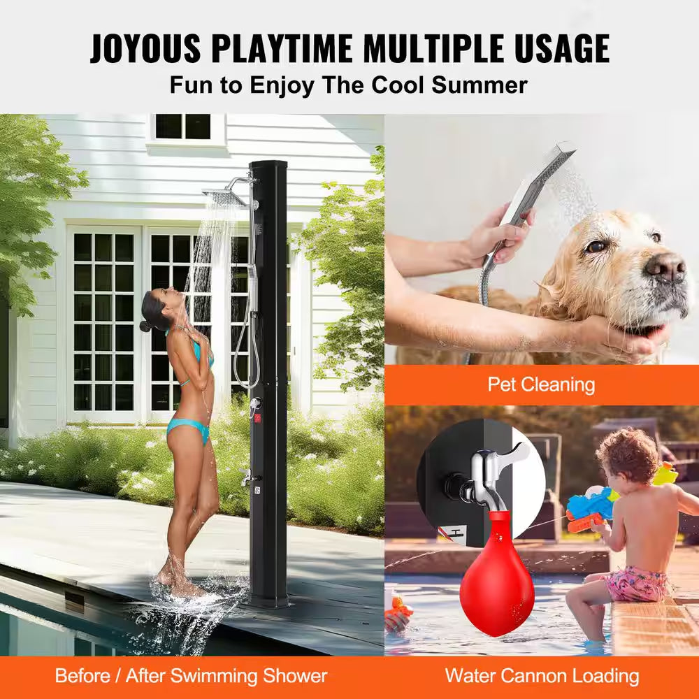 Outdoor Solar Heated Shower – 10.57 Gal Poolside Shower Kit with Dual Shower Heads & Foot Tap, Handheld & Hanging