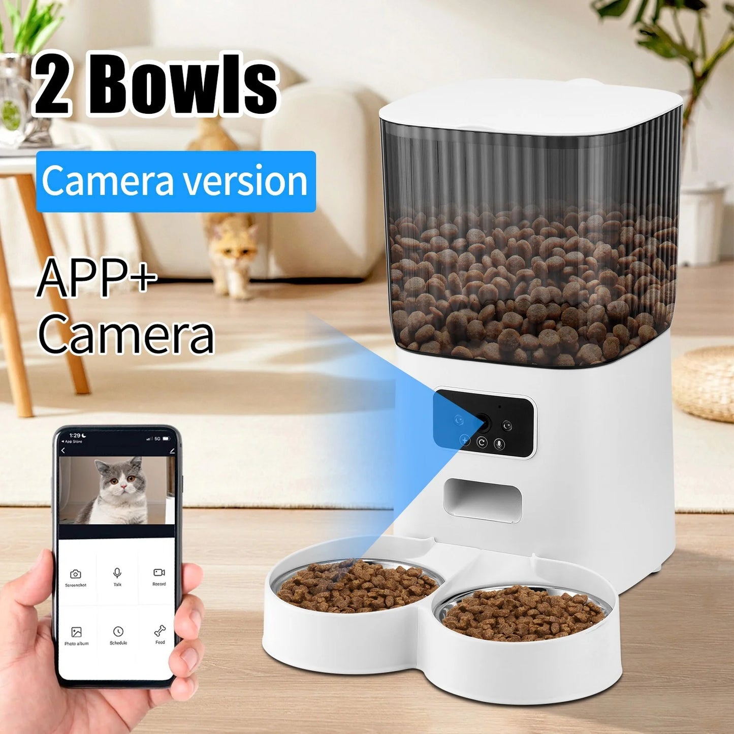 Threes Tree Automatic Cat Feeder with Camera – 5L Dual Pet Feeder with 2 Stainless Steel Bowls & Remote App Control