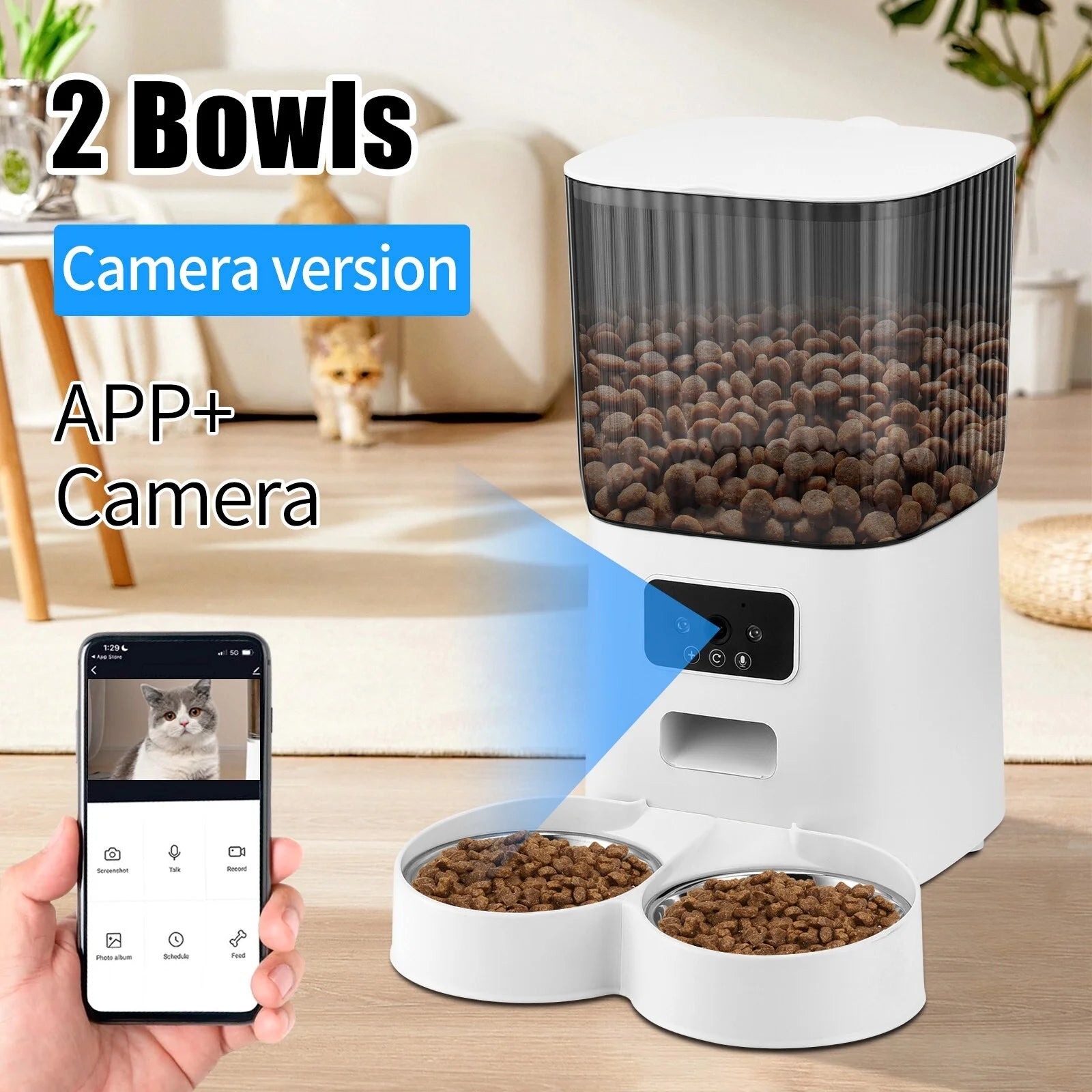 Threes Tree Automatic Cat Feeder with Camera – 5L Dual Pet Feeder with 2 Stainless Steel Bowls & Remote App Control
