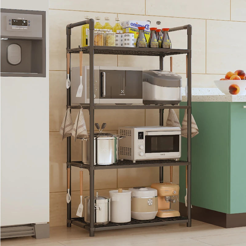 Multi functional metal storage shelves in kitchen holding appliances, jars, and cooking utensils