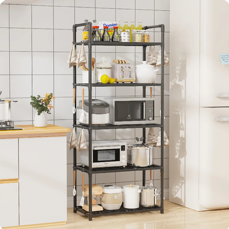 Multi functional metal storage shelves in kitchen holding appliances and kitchenware by Glow Market Home