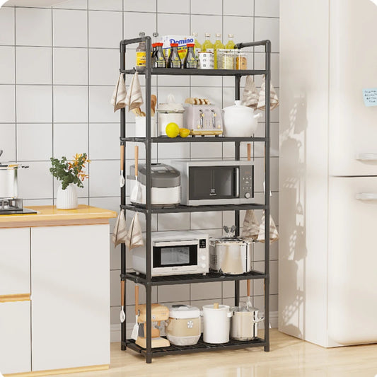 Multi functional metal storage shelves in kitchen holding appliances and kitchenware by Glow Market Home
