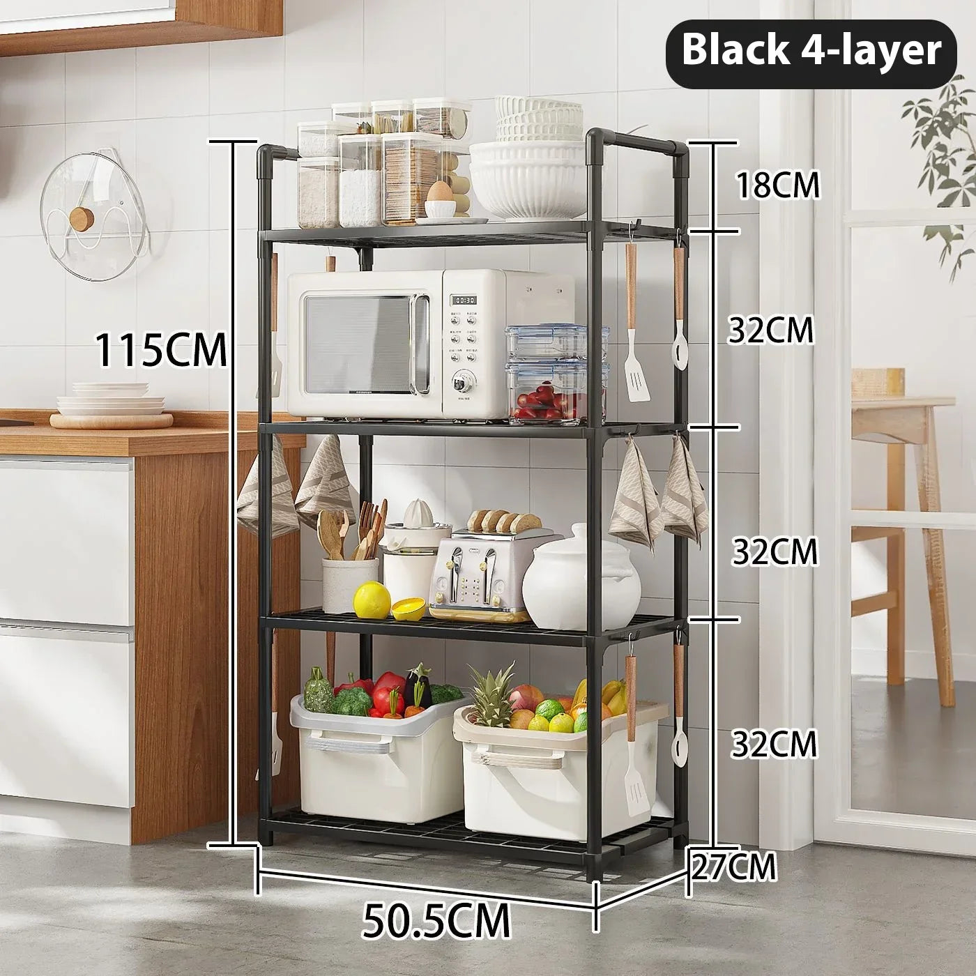 Black 4-layer multi functional metal storage shelves with kitchen items and dimensions shown
